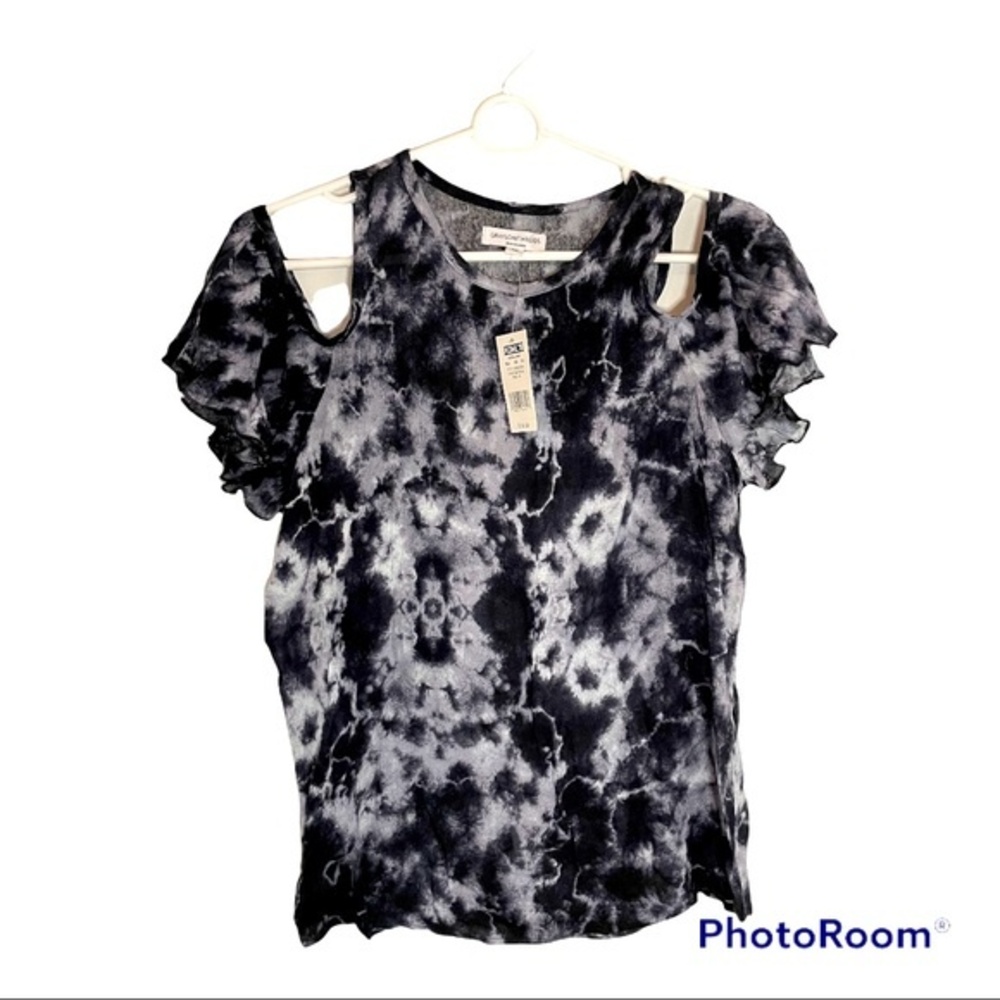 NWT Grayson/Threads Cold Shoulder Black/White Tie Dye Blouse Size Medium